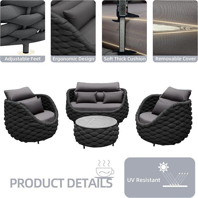 TWT Patio Furniture Set 4 Pieces Aluminum Outdoor Furniture w/27.8in Coffee - Image 5