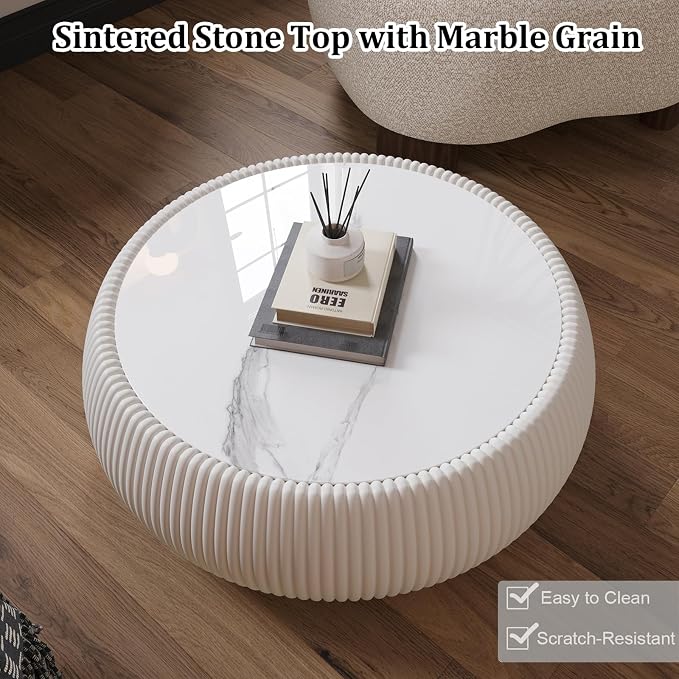 SSLine Round Drum Coffee Table Modern Sintered Stone Top Coffee Table in Cream - Image 6