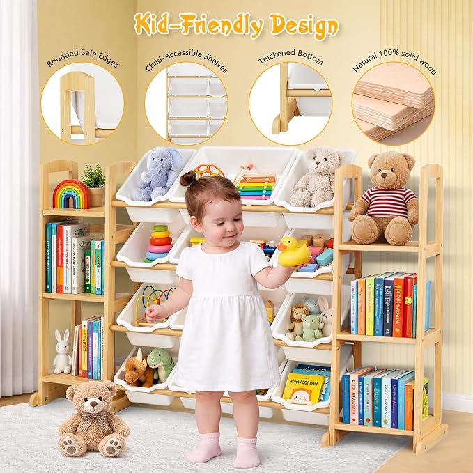 Toy Storage Organizer with Bookshelf – Wooden Toy Organizer with 12 Toy Bins & - Image 3