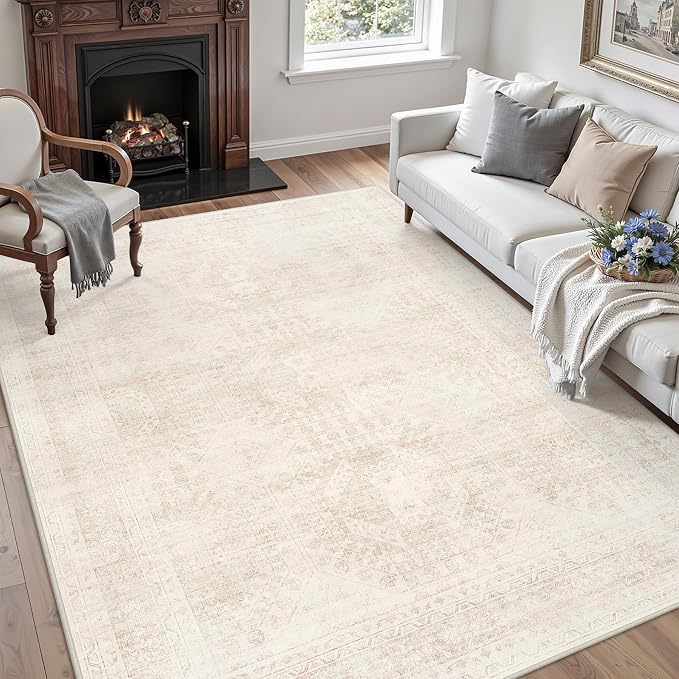 6x9 Area Rugs Living Room: Bedroom Neutral Washable Carpet Beige | Large - Image 3