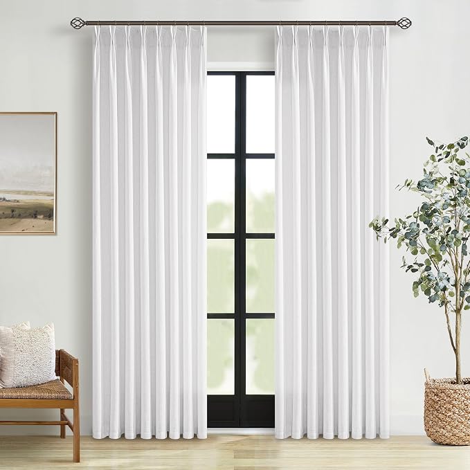 Linen Pleated Light Filtering Semi Sheer White Curtains 108 Inches Length | by Twodrapes