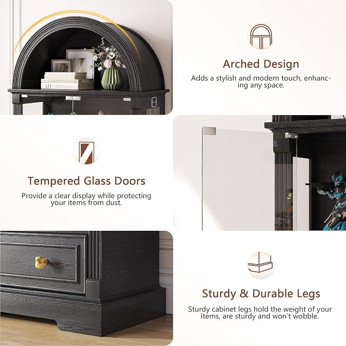 Black Curio Cabinet with Glass Doors, 4-Tier Display Case - Image 6