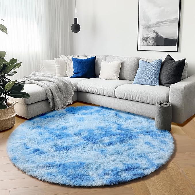 Tie-Dye Blue Round Rug 4ft, Fluffy Soft Circle Area Rugs - Image 7