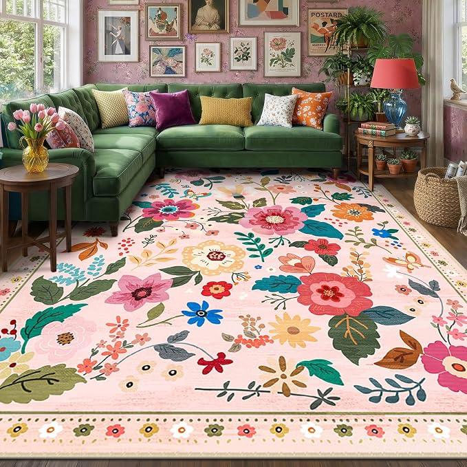 RELEANY Floral Washable 8x10 Area Rugs Pink | Flower Carpet Print Boho Cute Non by RELEANY
