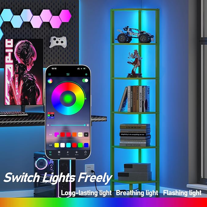 TUTOTAK Corner Shelf with LED Light, 6-Tier Corner Bookshelf - Image 5