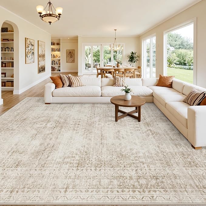 10x12 Area Rugs Living Room: Bedroom Neutral Washable Carpet Brown | Vintage by Luxturiy