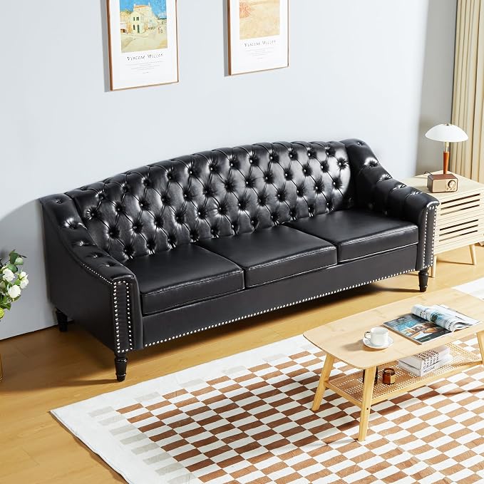 LEVNARY Mid-Century Modern Leather Couch, Chesterfield Sofa Sleeper Settee - Image 7