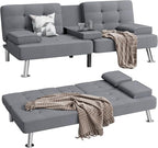 Shahoo Modern Linen Upholstered Convertible Folding Futon Sofa Bed - Image 5