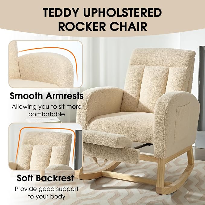 NIOIIKIT Modern Nursery Rocking Chair, Teddy Upholstered Rocking Chair - Image 6