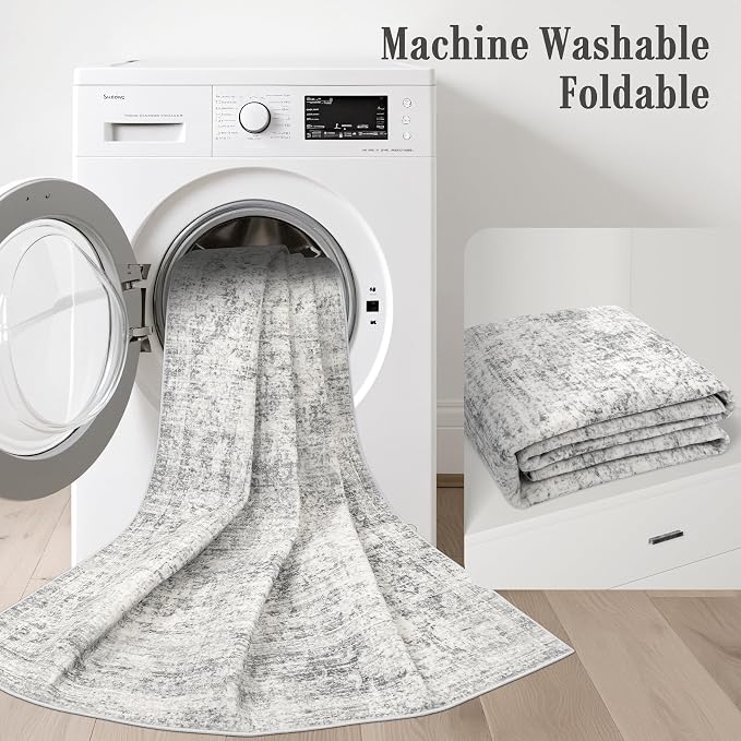 2.6x14 Washable Runner Rug:Modern Abstract Soft Carpet Black Grey | - Image 6