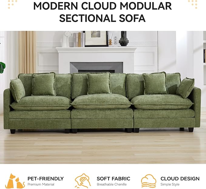 111'' Sectional Cloud Deep Seat Couch, Modern Comfy Chenille Modular Sectional - Image 6