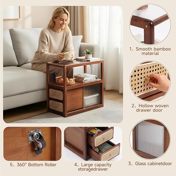 Tiita Rattan Nightstand Side Table, Bamboo Accent Bedside Tables, Glass Coffee - Image 4