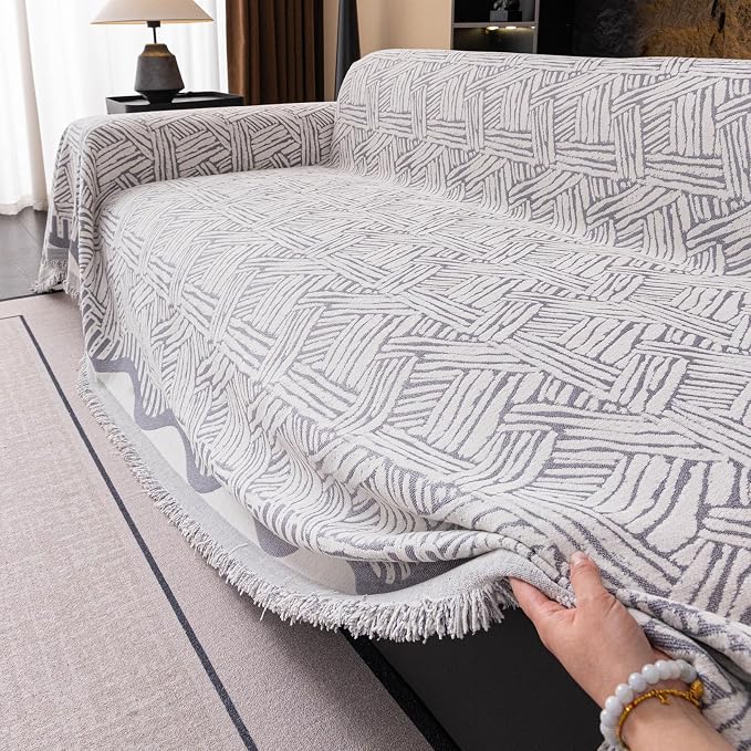 VClife Boho Couch Cover, Abstract White and Black Line Geometric Jacquard Couch - Image 3