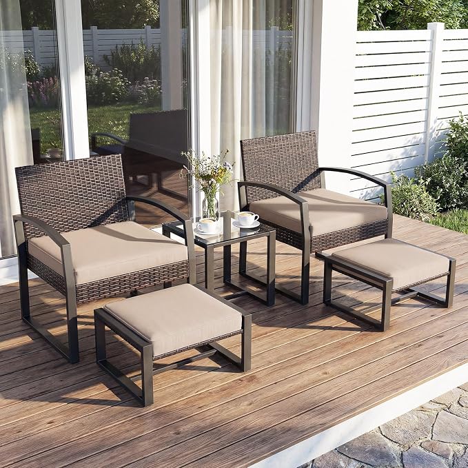 Tangkula 5 Pieces Wicker Patio Conversation Set, Outdoor PE Rattan Chair - Image 3