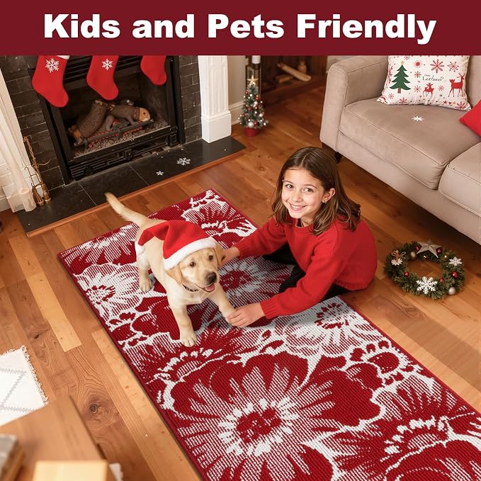 Findosom Christmas Runner Rug 2x6, Non Slip High-Low Textured Floral Washable - Image 4