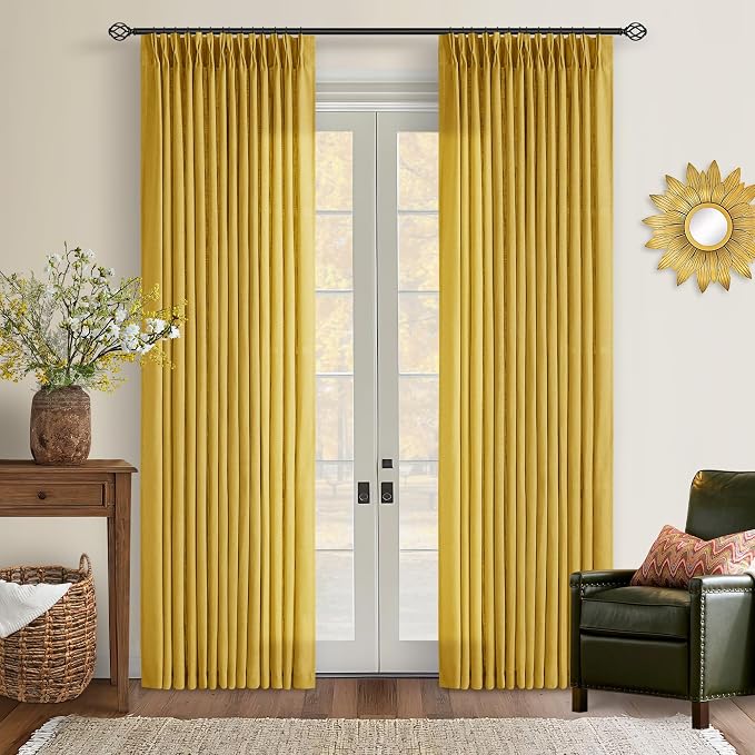 Pinch Pleated Mustard Yellow Linen Curtains 84 Inches Long 2 Panels Set | - Image 9