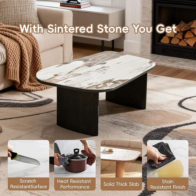 Luxury Marble Coffee Table, Premium Sintered Stone Top, Natural Wood Look Base - Image 5