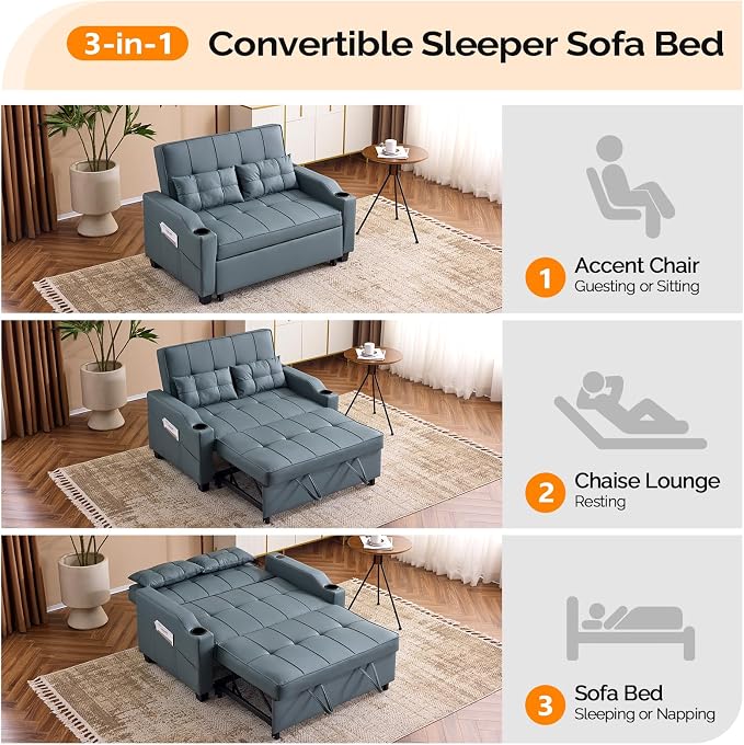 VINGLI Convertible Loveseat Sleeper Sofa, Cup Holders, Armrest - Image 5