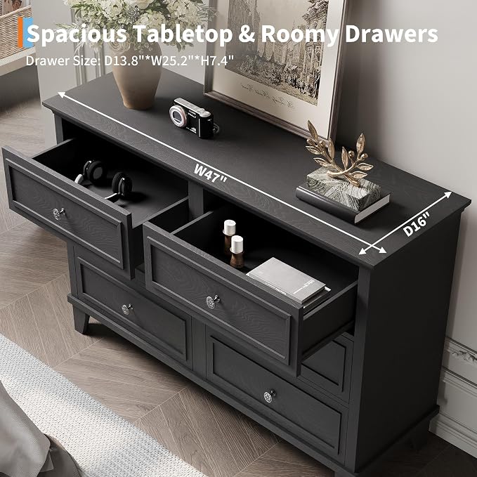 IDEALHOUSE 6 Drawer Dresser, Wooden Storage Chest of Drawers - Image 4