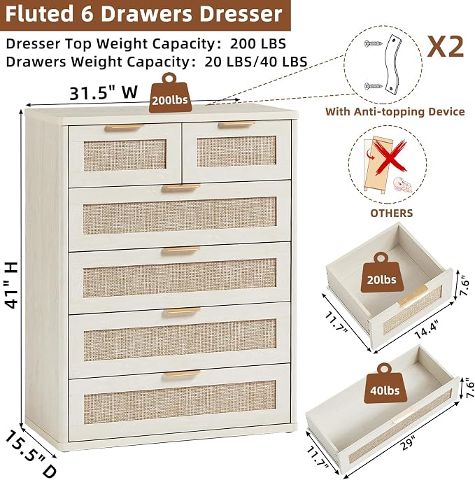 LEYAOYAO White Dresser for Bedroom Set of 2, Modern 6 Drawers Boho Rattan - Image 3