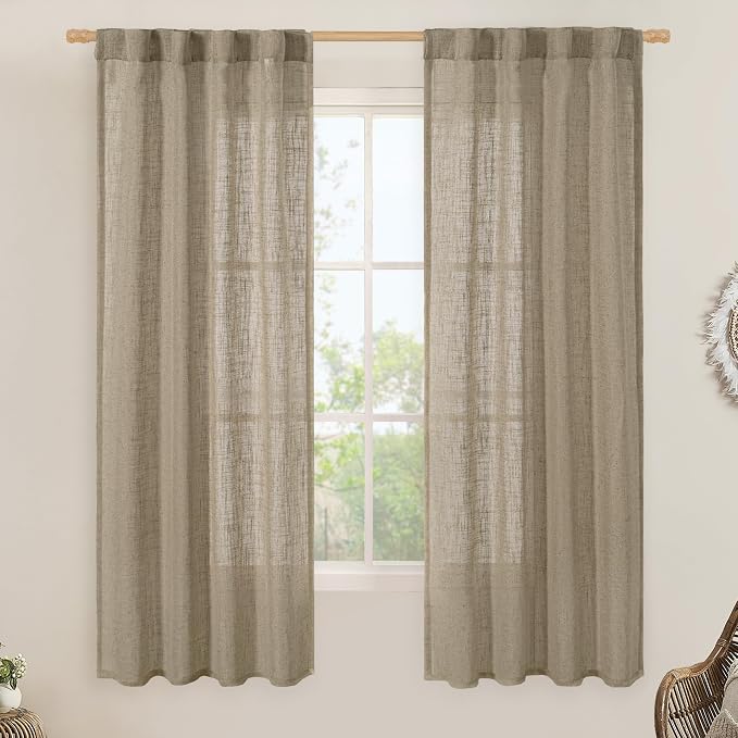 Taupe Semi Sheer Window Linen Curtains 63 Inch Length by LAMIT