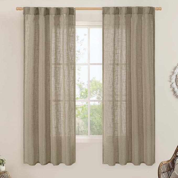 Linen Curtains 60 Inch Length 2 Panels, Light Filtering Sheer Panels | Faux by LAMIT