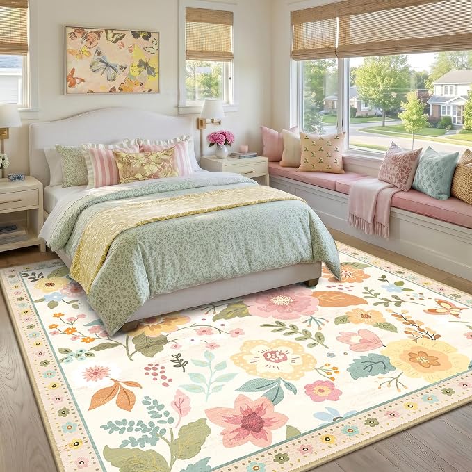 RELEANY Floral Washable Square 8ft Area Rug Beige/White/Orange | Flower Carpet - Image 6