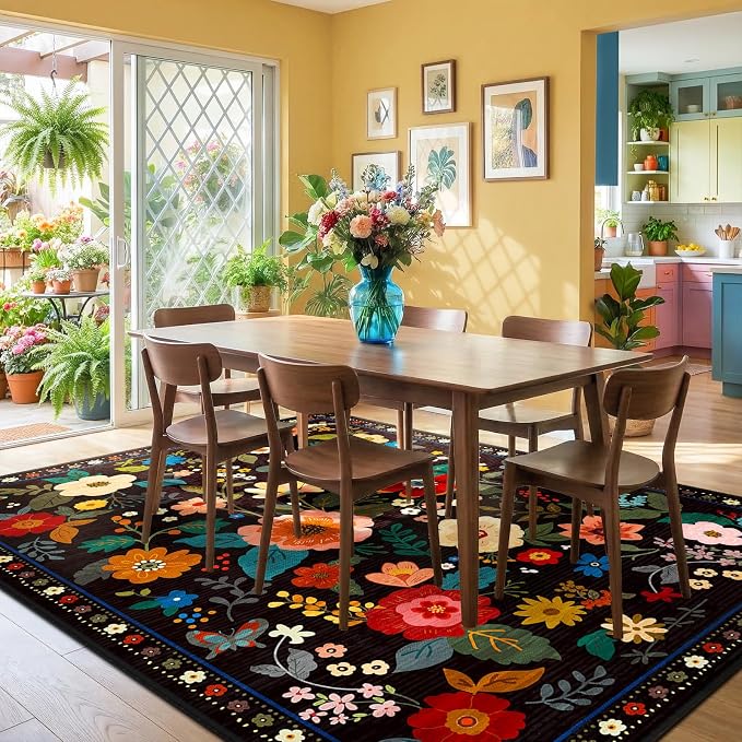 RELEANY Floral Washable 5x8 Area Rugs Black | Flower Carpet Print Boho Cute Non - Image 2