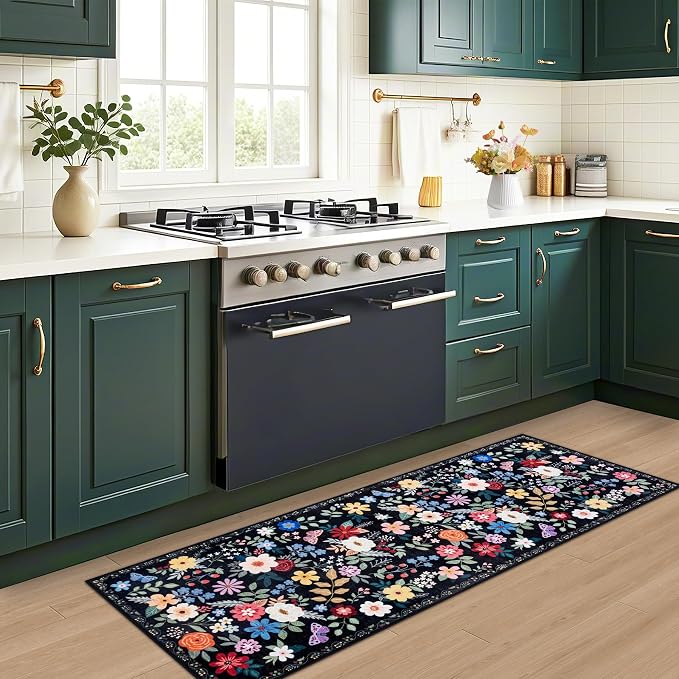 PLHXFR 2x5 Washable Runner Rug：Floral Indoor Kitchen Soft Carpet Black | - Image 5