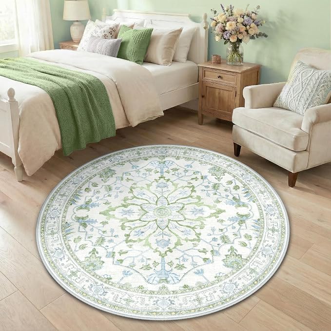 RELEANY Washable Area Rug, Round 4ft, Water Repellent, Pet Friendly, Vintage by RELEANY