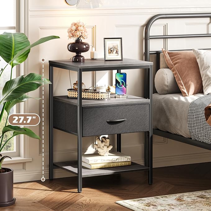 SUPERJARE Night Stand with Charger Station, 27.7 Inch Tall Nightstand with - Image 2