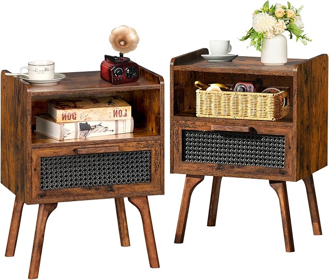 Lerliuo Rattan Nightstands Set of 2, Boho Side Table by Lerliuo