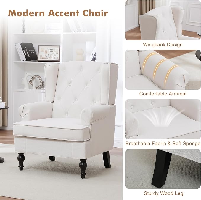 Accent Chair for Living Room, Mid Century Modern Upholstered Armchair, Wingback - Image 5