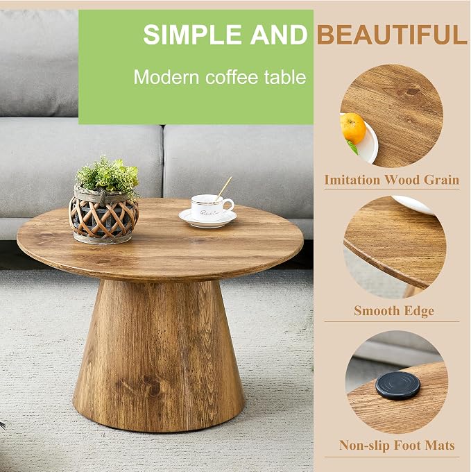 Round Coffee Table 24 in, Modern Wood Grain Living Room Table - Image 4