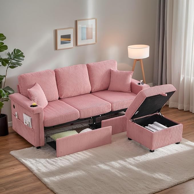 L-Shaped Sectional Sofa with Storage & Movable Ottoman, Corduroy 3 Seater by Firscook