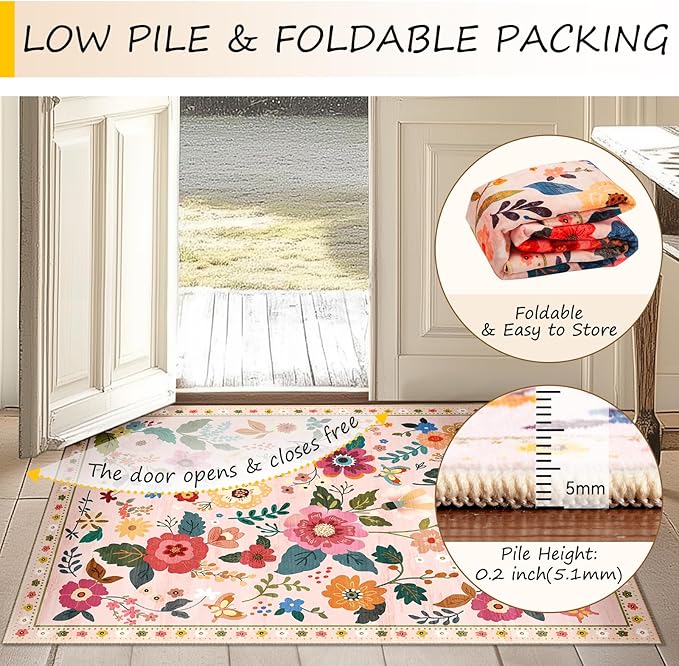 RELEANY Floral Washable Square 6ft Area Rug Pink | Flower Carpet Print Boho - Image 4