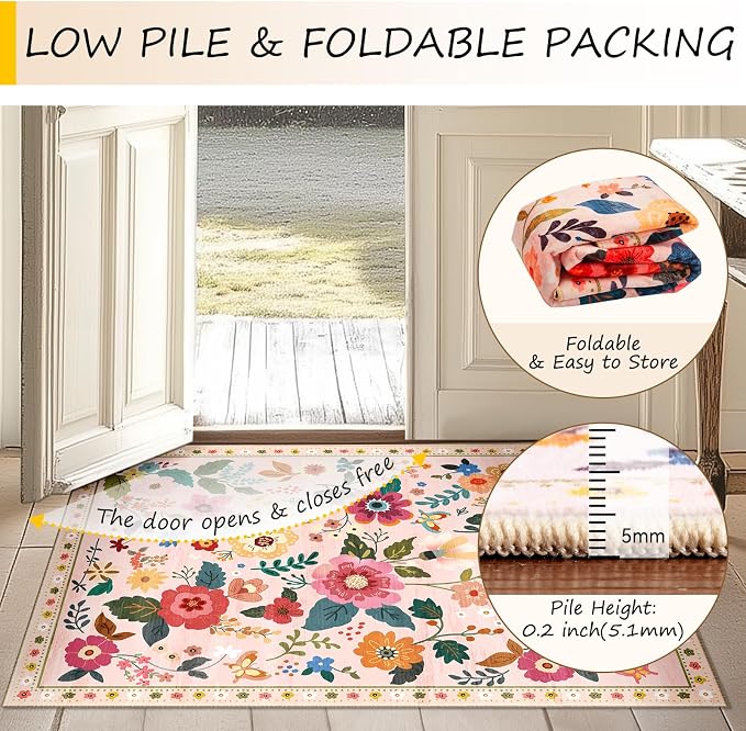 RELEANY Floral Washable 4x6 Area Rugs Pink | Flower Carpet Print Boho Cute Non - Image 4