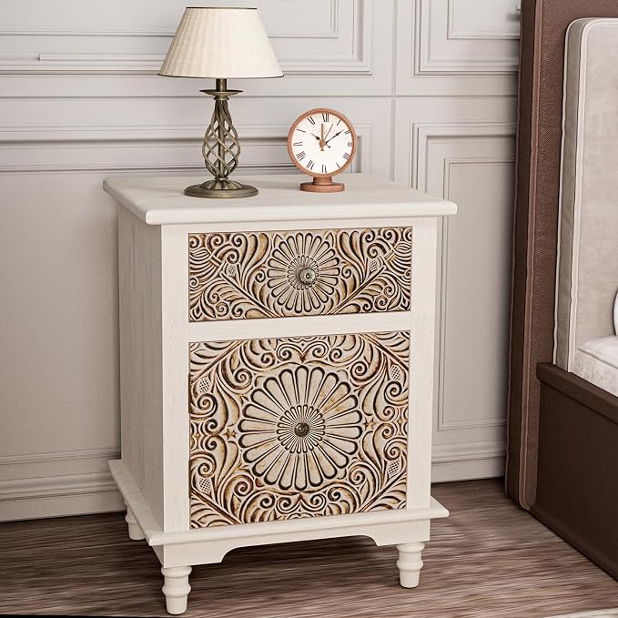 HOMPUS White Nightstand with Drawer & Storage, Fully-Assembled Flower Motif - Image 10