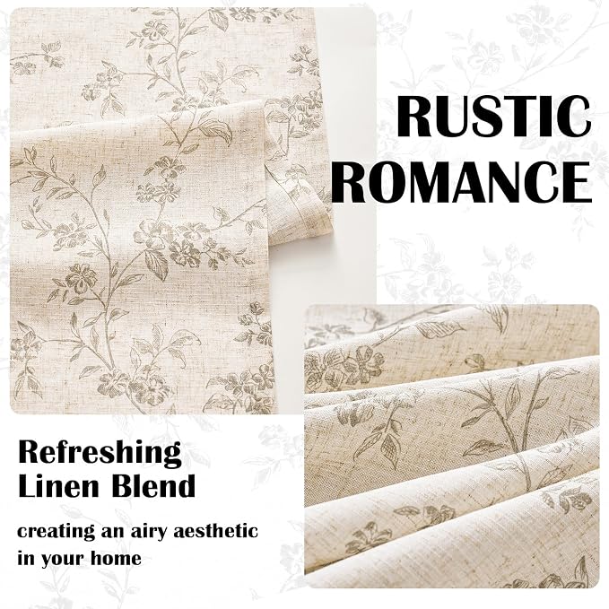 Grey Vintage Floral Linen Curtains Farmhouse 50W X 63L 2 Panels | Elisa Series - Image 4