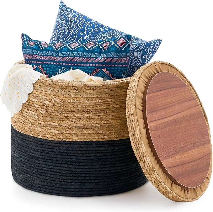 Wimarsbon Round Pouf Ottomans, Handwoven Natural Water Hyacinth Seagrass Pouffe by Wimarsbon