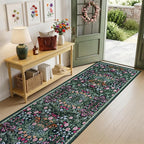 PLHXFR 2.6x14 Washable Runner Rug：Floral Indoor Kitchen Carpet Dark Green | - Image 2