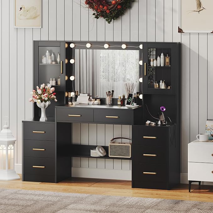 TOKSOM Black Vanity Desk with Mirror, Lights & Charging Station, 58.3" 3 - Image 3