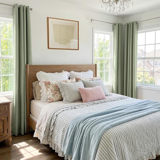 100% Blackout Linen Textured Curtains 63 Inch Long, Sage Green | 100% Blackout - Image 4