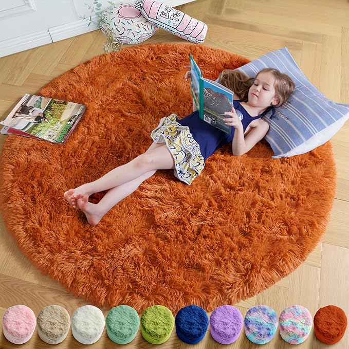 Amdrebio Burnt Orange Small Shag Round Circle Area Rug 3Ft by Amdrebio