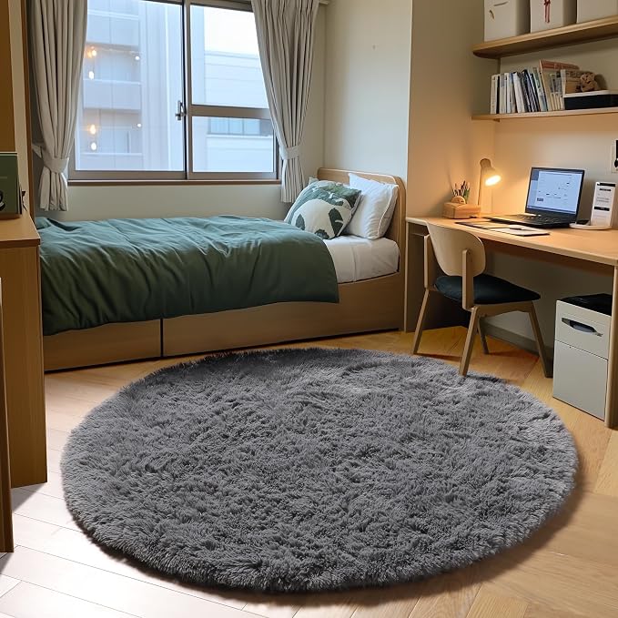 Grey Round Rugs 7ft for Living Room, Fluffy Bedroom Circle Area Rug, Soft Plush - Image 8