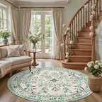 PLHXFR Round Area Rug Living Room: 6 ft Floral Washable Carpet Green Beige | - Image 2