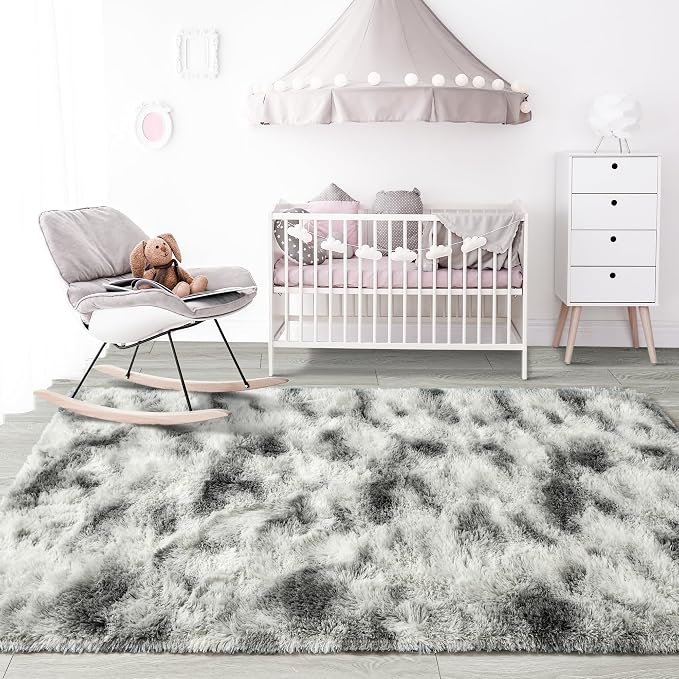 Noahas 4x6 Tie-Dyed Grey and White Fluffy Area Rug Non-Slip - Image 6