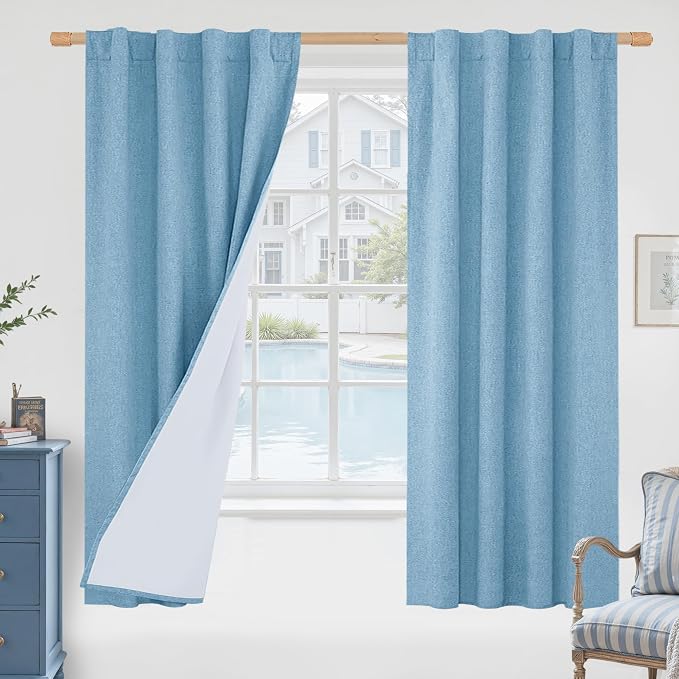 Blue 100% Blackout Linen Curtains 63 Inches by LAMIT
