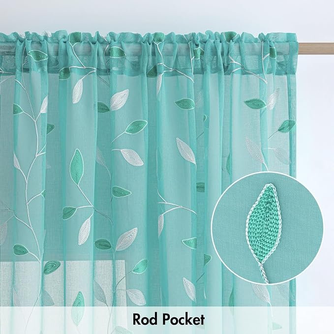 MIULEE Turquoise Sheer Curtains 2 Panels Leaf Patterned, W52 x L96 | - Image 6