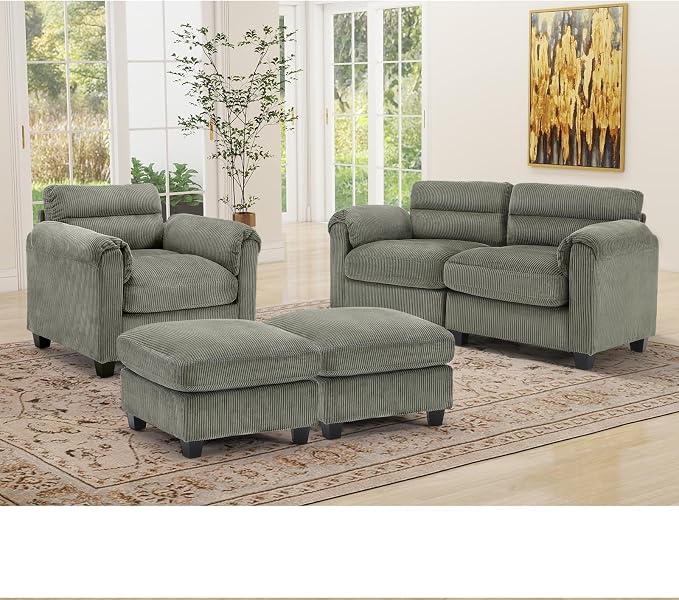 HAOMARKETS Corduroy 4-Piece Sofa Set, Upholstered Ottoman Set of 2, Accent by HAOMARKETS